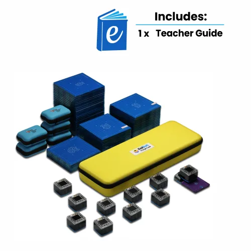 KaiBot classroom pack for 20 students, includes 10 KaiBots, Charging Station, Charging Dock, 5 Advanced Coding Card packs and 1-50 magnetic tiles