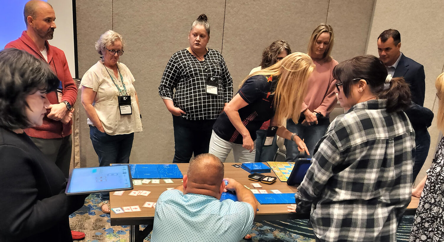 Ben Davisson leading a KaiBot workshop with teachers who are blind and/or have low vision and who work in special education classrooms.